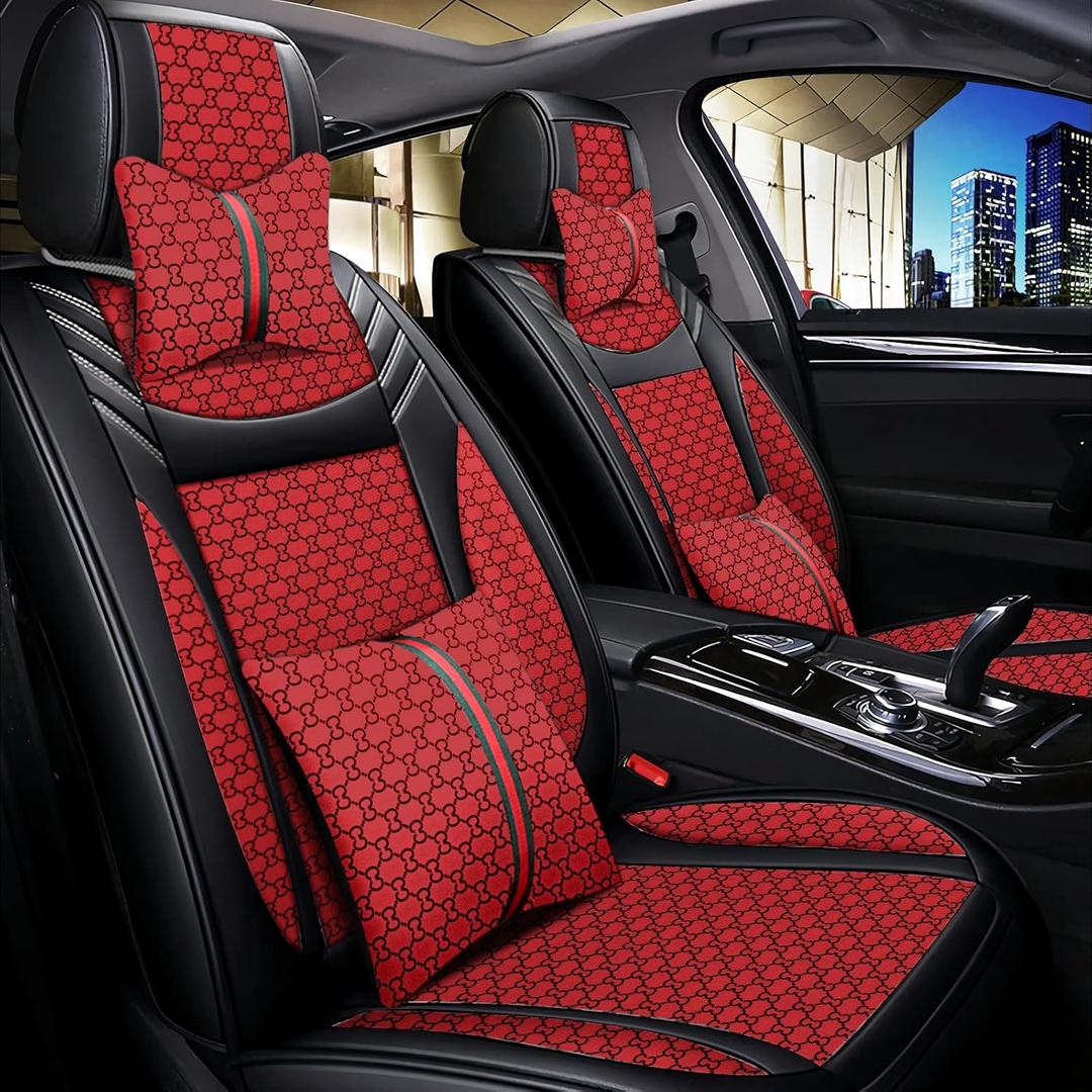 Car Seat Cover Full Set, Premium Soft Breathable Seat Covers with 2 Neck Pillows & 2 Lumbar Pillows, Universal Fit for Most 5 Seats Cars SUV, Airbag Compatible (Red)