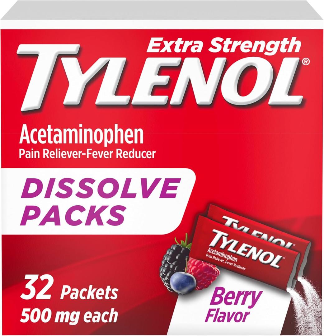Tylenol Extra Strength Dissolve Packs, 500 mg Acetaminophen Pain Reliever & Fever Reducer, On-The-Go Powder Packets for Minor Aches & Pains, Ibuprofen- & Aspirin-Free, Berry Flavor, 32 ct (32 Count)