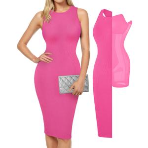 Popilush Women's Bodycon Dress Ruched Sleeveless Slimming Shapewear Casual Club Evening Party Cocktail Midi Fall Dresses (Pink, XL)
