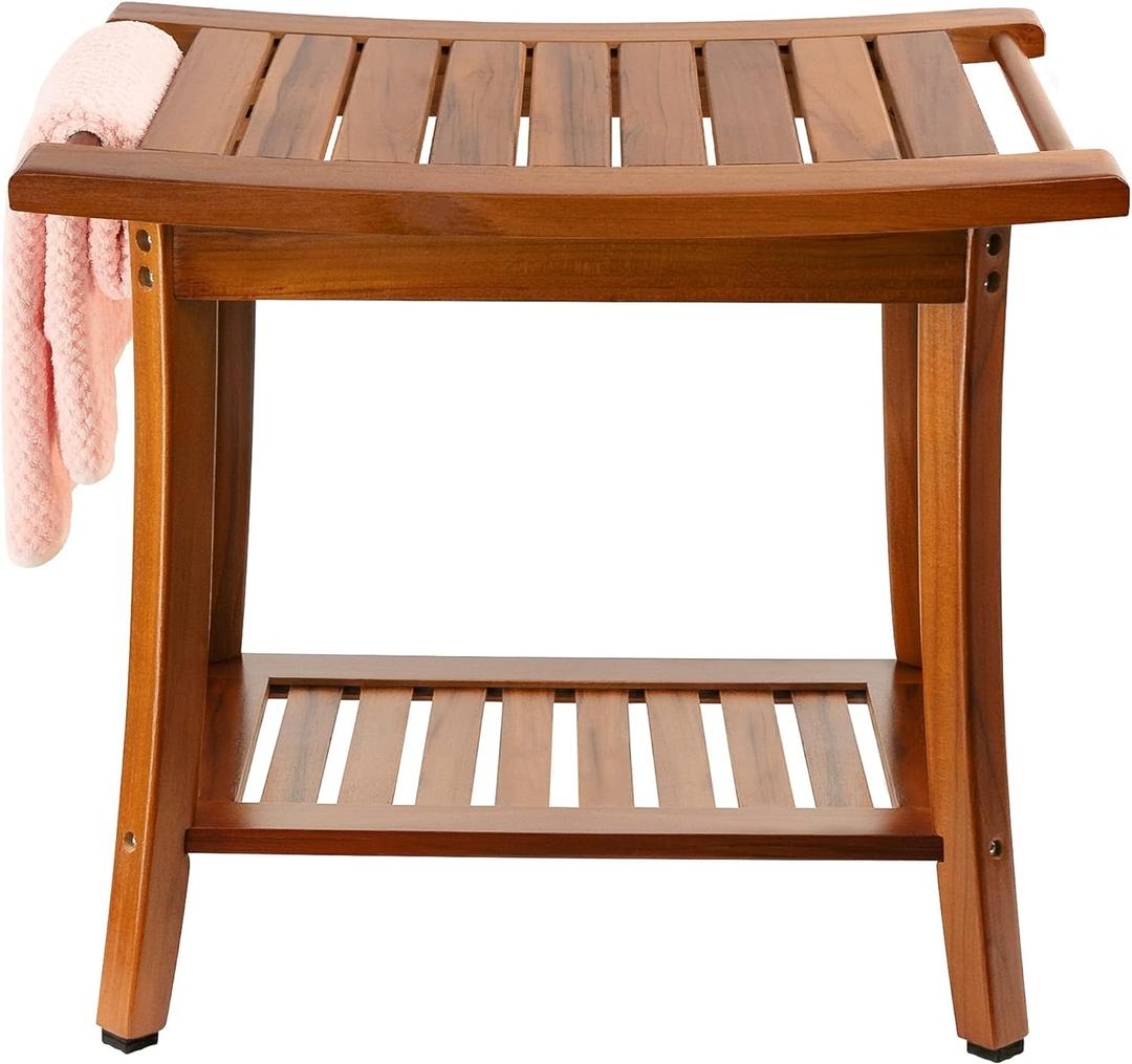 Utoplike Teak Shower Bench Seat with Handles, Portable Wooden Spa Bathing Stool with Storage Towel Shelf, 22" x 13" x 18.6", Perfect for Indoor and Outdoor Use (Large)