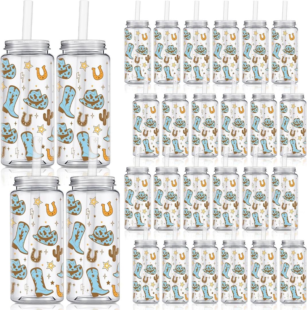 24 Pcs Western Cowgirl Cowboy Plastic Tumbler 14.2 oz Cowgirl Party Favors Reusable Cups with Lids and Straws Decoration Iced Coffee Cup Valentine's Gift(Classic Style,Blue)