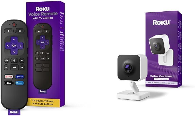 Roku Voice Remote Bundle Compatible With TV, Players, Audio + New Outdoor Camera 2024 - Home Security - IP65 Weather Resistant Wired 1080p HD