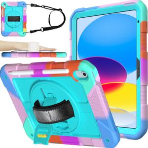 BMOUO iPad 10th Generation Case - iPad 10.9 2022 Case with Screen Protector, 360 Rotating Stand & Pencil Holder & Hand & Shoulder Strap Shockproof Kids Case for 10.9 inch iPad 10th Gen 2022, Turquoise
