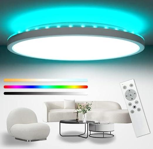 42cm LED Ceiling Light 3000-6000K Large, 32W 4000LM Bathroom Light Dimmable with Remote Control, RGB Color Changing Backlight, Big Flush Round Ceiling Lights for Living Room Bedroom Kitchen [Energy Class E]
