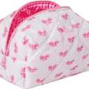 Cute Small Floral Cotton Makeup Bag, Quilted Zipper Pouch with Coquette Bear for Women and Girls, Kawaii Travel Cosmetic Bags for Purse(12White-pink bow)