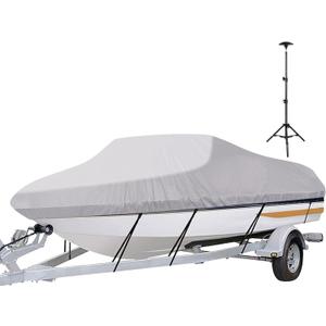 iCOVER Trailerable Boat Cover with Support Pole- 14'-16' Heavy Duty Waterproof Tarp Covers, Fits V-Hull, Fish&Ski, Pro-Style, Fishing, Runabout, Bass Boats, up to 14ft-16ft Long X 90" Wide (Grey)