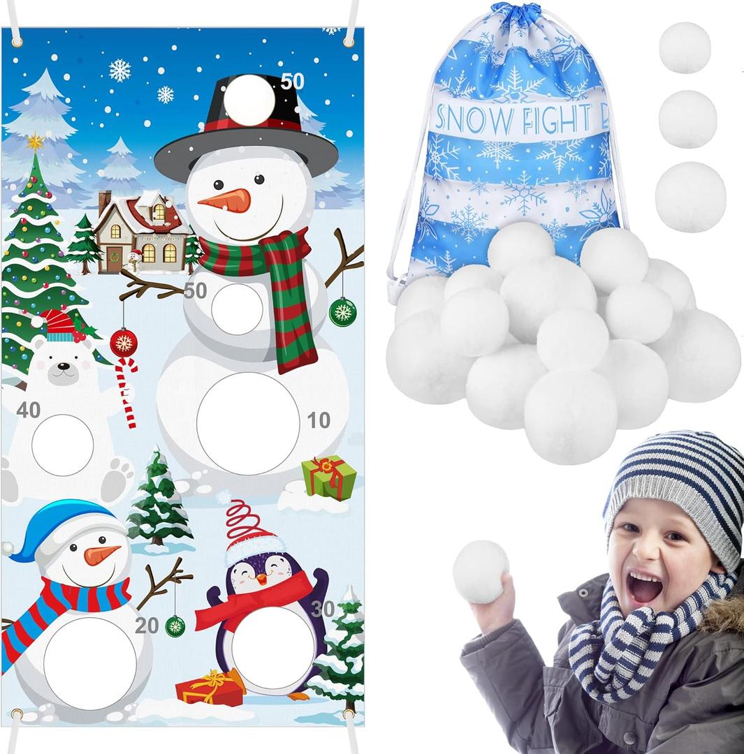 Elcoho 22 Pieces Snow Toss Games Banner Snow Toy Ball Set Winter Toss Cornhole Games Banner with Snow Toss Balls and Drawstring Bag for Xmas Indoor Outdoor Throwing Games Party Supplies