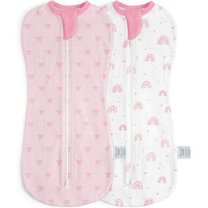 Baby Swaddle 0-2 Months, Cotton Arm-In Zipper Sleep Sack, Wearable Blankets Wrap for Newborn Infant Girls (Bow, Rainbow, Pack of 2)