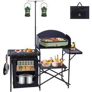 Nice C Camping Kitchen Station, Camping Table, Picnic Table, Portable Grill Table, Folding Cook Table, Upgrade Light Stand and Windshield Station & Organizers, Carry Bag for Beach, Picnic (Black)