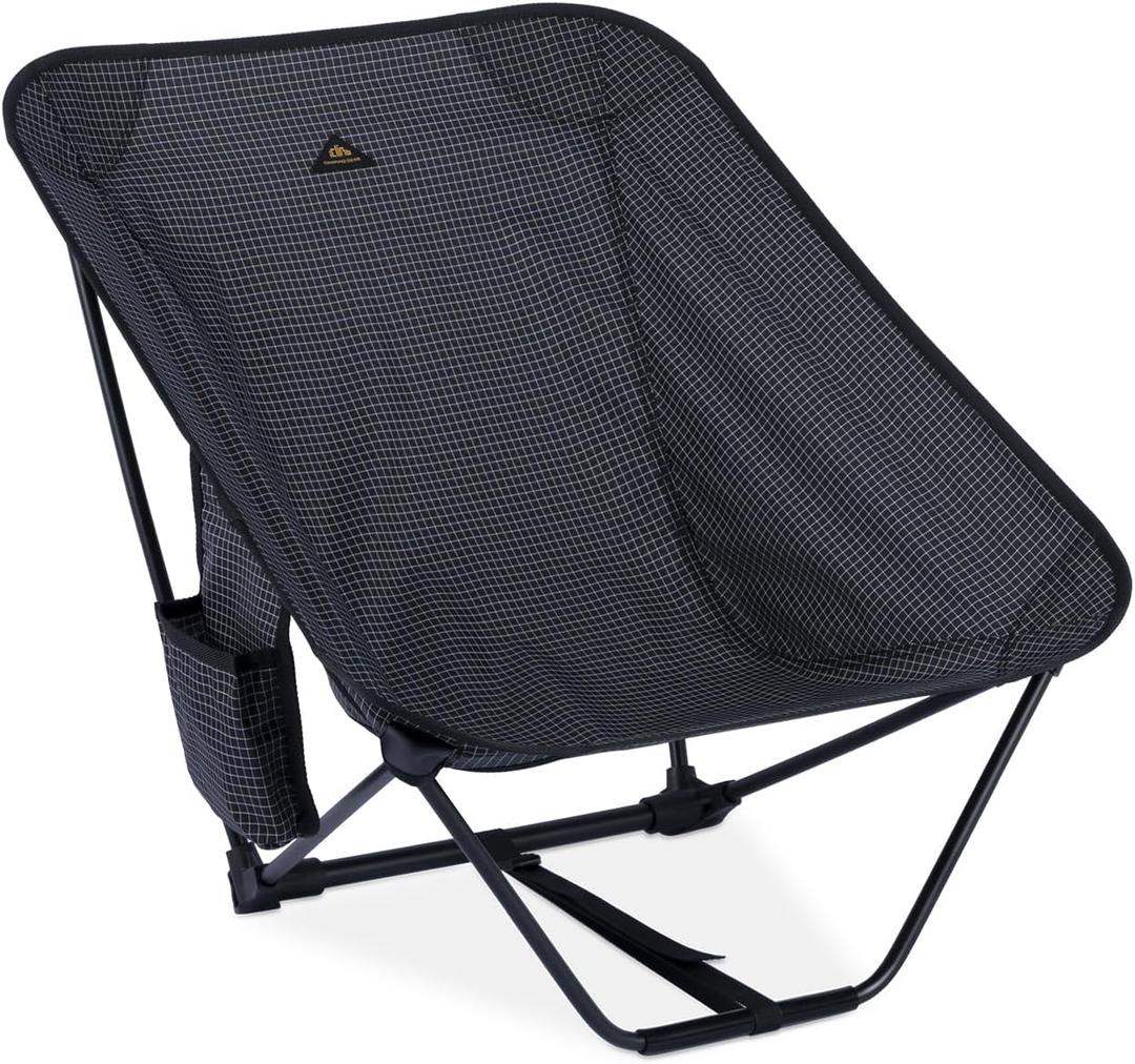 iClimb Low Ultralight Compact Camping Folding Chair with Side Pocket and Carry Bag (Black Grid)