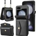 Vofolen for Samsung Galaxy Z Flip 5 Case with Card Holder Slot Crossbody Wallet Cover with Adjustable Strap Magnetic Closure Soft PU Leather Protective zflip5 Phone Purse for Women Girls, Black