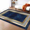 Premium Indoor Area Rug, 6x8ft, Contemporary Simple Geometric and Gold Border Design Navy Blue Rug, Non-Slip Non-Shedding, Comfortable and Casual