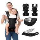 BabbleRoo Grow Carrier  Safety-Certified 6-in-1 Baby Carrier with Hip Seat, Ergonomic & Adjustable Toddler Carrier 7-50 lbs with Hip Support, Hood for Sun Protection, Newborn to Toddler, Black