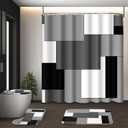 Grey Geometric Shower Curtain Set with Toilet Lid Cover and Non-Slip Rugs for Bathroom, Black White Checkered 4 Pcs Shower Curtain, Modern Abstract Bathroom Set with 12 Hooks