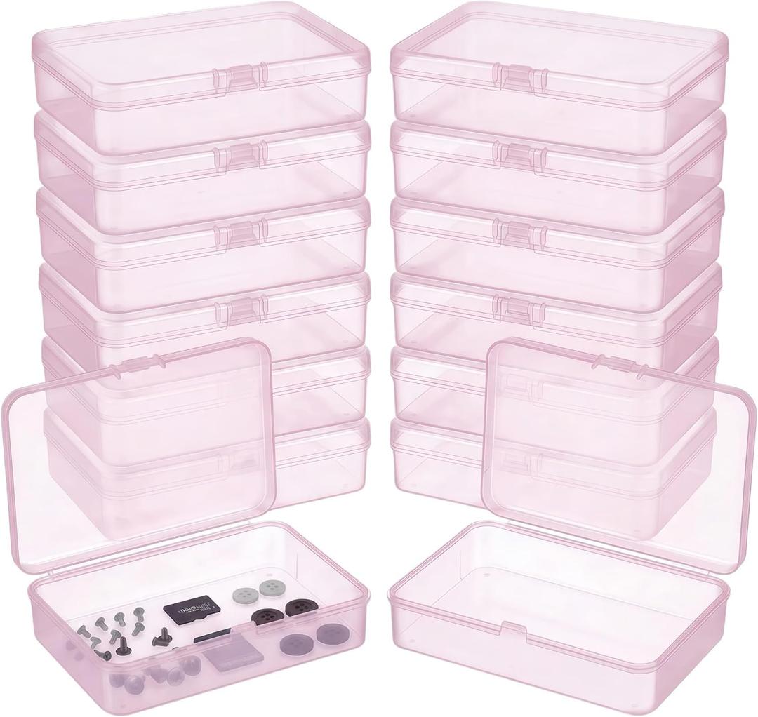 LJY 12 Pieces Rectangular Empty Mini Plastic Organizer Storage Box Containers with Hinged Lids (4.5 x 3.3 x 1.1 inch, Pink)