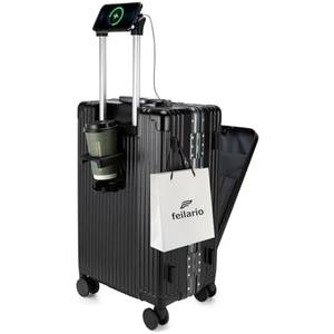 feilario 20in Aluminium Frame PC Hard Shell Spinner Wheels Luggage, Built-In TSA lock Carry on Suitcase, with Cup Holder, USB Port, Phone Holder