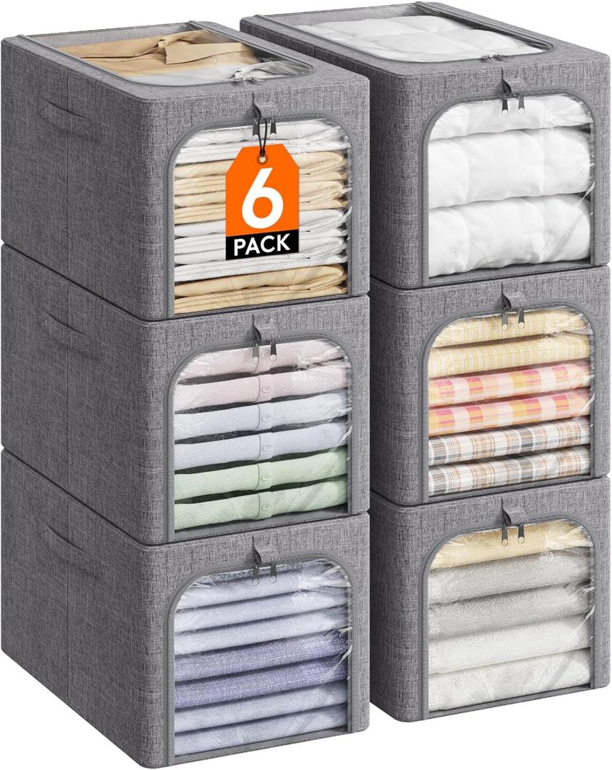 Lifewit 6 Pack Clothes Storage Bins with Metal Frame, Foldable Clothing Storage Bins with Lids, 40L Stackable Storage Box Storage Bags Fabric Bins Organizer with Clear Window Zippers Sturdy Handles