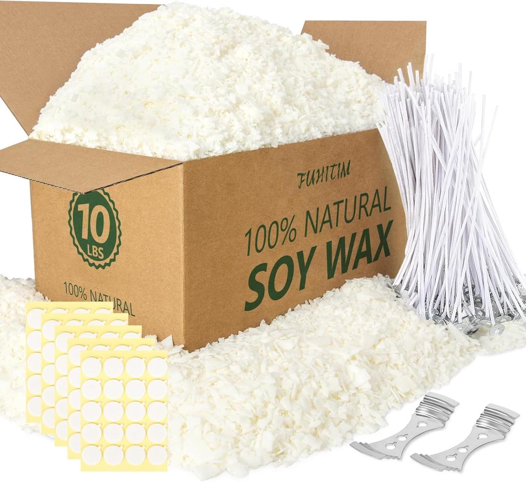 FUHITIM Soy Candle Wax for Candle Making 10 lbs Bag, Premium Natural Soy Wax Flakes, No additives and Pure, 100 Cotton Candle Wicks, 100 Wick Stickers, & 2 Centering Devices