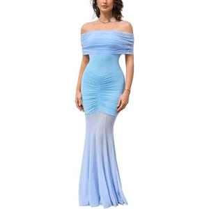 HTZMO Women Sexy Off Shoulder Bodycon Maxi Dress Strapless Ruched Wedding Guest Formal Party Long Dresses, Medium
