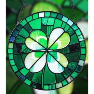 Stained Glass Window Hanging, Green Four Leaf Clover Suncatcher 7.8 in Sun Catcher Boho Wall Art Decor with Chain Diamond Glass Panel Hangings Scenery Sun Catchers Decor for Lover Couple Mom