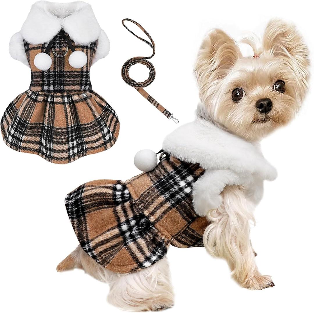 XXS Dog Sweater with Leash Set D Ring Plaid Fleece Puppy Clothes for Small Dogs Girl Boy Winter Pet Dress Cold Weather Coat Winter Sweater for Chihuahua Yorkie Cat Doggie Costumes, Khaki, XXS