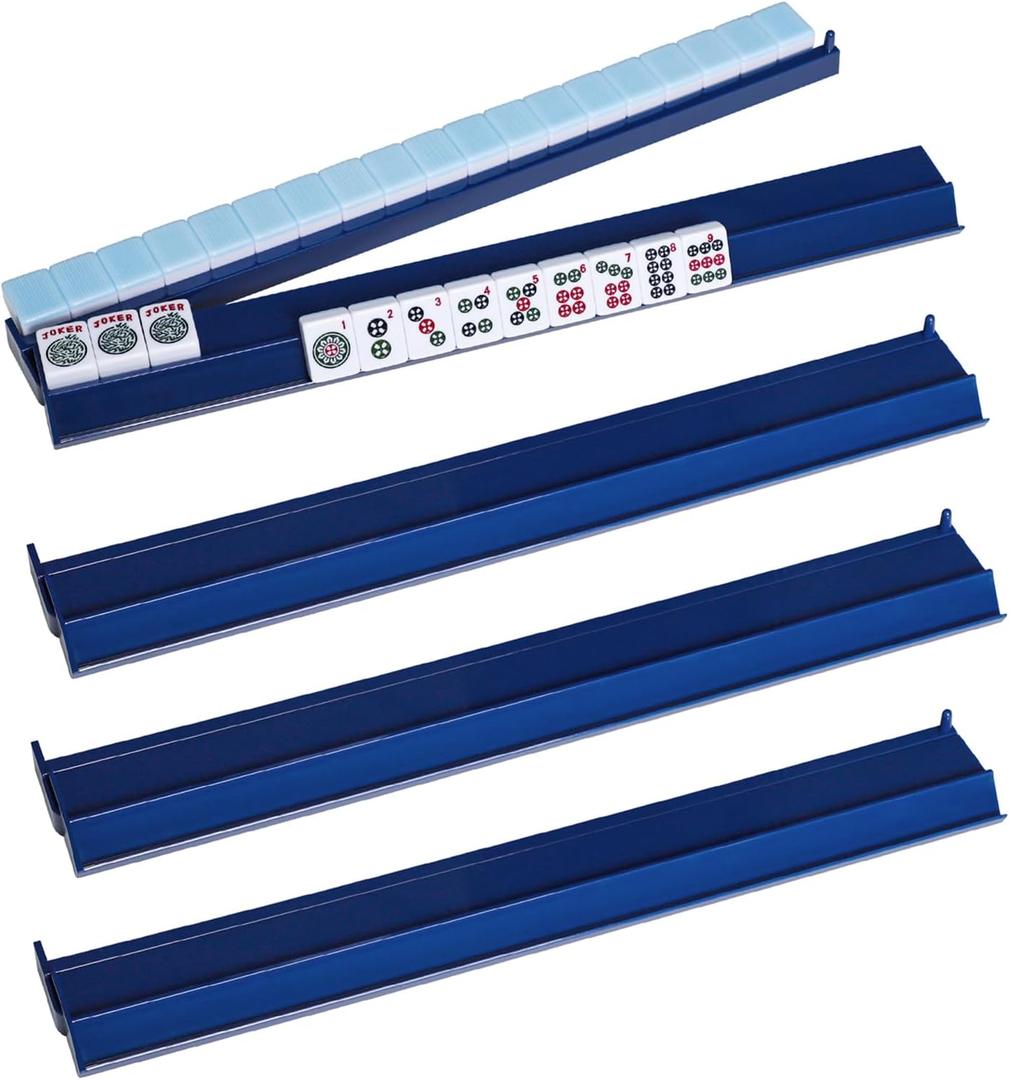 TIASUSAN Mahjong Racks with Pushers(4 PCS, Dark Blue) for 166 American Mahjong Tiles, Mahjong All-in-one Tile Rack with Pusher Combo, 17.8 x 3.1 x 1.2 inches