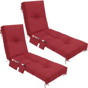 2 Pcs Outdoor Chaise Lounge Cushions with 3 Side Pocket 76x22x6 Inch Waterproof Long Deck Reclining Chair Cushions Fade Resistant Replacement Cushion for Furniture Lawn Pool (Ruby Red,Solid Color)