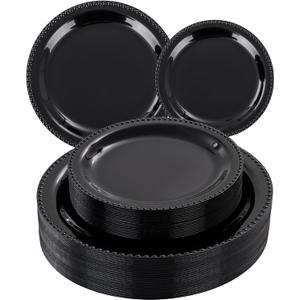 WELLIFE 60PCS Black Plastic Plates, Include 30 PCS 10.25 inch and 30 PCS 7.5 inch Plastic Plates for Party, Black Party Supplies, Disposable Dinnerware Set