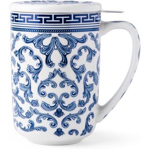 AmorArc Porcelain Tea Mug with Infuser and Lids, 18 Oz Large Cup Strainer with Bag Holder for Loose Leaf Tea, Steeping Coffee Mug for House-Warming Wedding Birthday Gift (Classical Pattern)