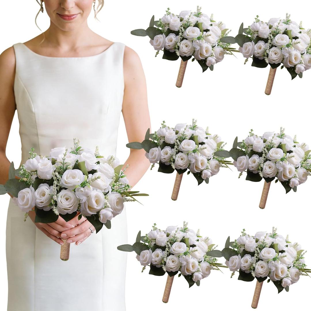 Ivory Bridesmaid Bouquet Set of 6, White Wedding Bouquets for Bridesmaids, 10 Inch Wedding Floral Arrangements Flowers Table Centerpieces Decor Artificial Flower Bouquet for Prom Party