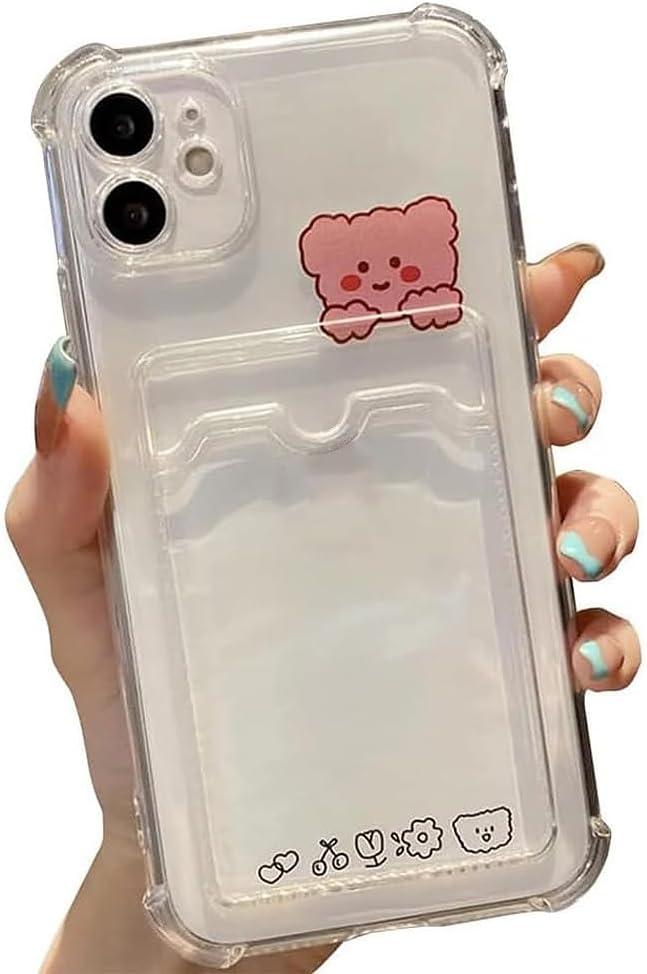 Casechics Compatible with iPhone Case,Cute Kawaii Cartoon Bunny Bear Clear Credit Card Slot Holder Wallet Transparent Corner Protection Soft Shockproof Cover Phone Case (Bear,iPhone 15 Pro)