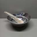 Decorative Acacia Wood & Silver Serving Bowl With Two Servers, Fork & Spoon, Stainless Steel Metal & Brass, Dark Wooden Trim Accent Basket Salad Fruit, Potpourri Living, Dining Room Table Home Decor