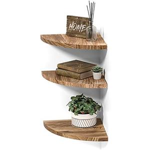 DELFOY Wall Mounted Rustic Wood Round Edge Corner Shelf Storage Rack, Bookcase, Floating Shelves Home Decor for Bedroom, Living Room, Office and Kitchen, Set of 3 (Round Edge)