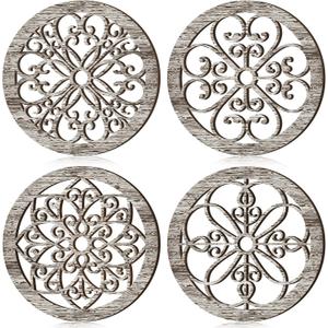 Yulejo 4 Pcs Thicken Rustic Wall Decor Farmhouse Kitchen Wall Round Art Wooden Hollow Carved Design Rustic Art for Living Room Bedroom Hallway Decor (15.7 x 15.7 Inch,Retro White)
