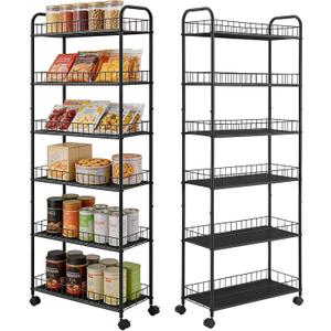 6-Tier Slim Storage Cart with Wheels,10in Wide Black Narrow Rolling Shelf,Sturdy Slim Storage Ideal for Kitchen, Bathroom, and Laundry Room