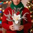 13.8 Christmas Flower Desk Decor Tabletop Small Artificial Potted Christmas Tree-Snowy Poinsettia, Red Berry, Pinecone & Pine Branches Arrangement in Burlap Vase (Cream White Magnolia)