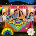 38 PCS Hippie Birthday Party Decorations, Hippie Groovy Bus Photo Booth Prop, Daisy Balloon and Tablecloth for 70s Theme Party Decorations (108 x 54 Inches)