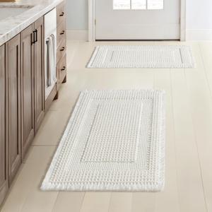 MIULEE Set of 2 Waffle Bathroom Rugs, Boho Bath Rug Super Absorbent, Non Slip Washable Ultra Soft Rubber Backed Shower Bath Mats for Floor, Tub, Shower, Looped Design, White, 17x24 Inch