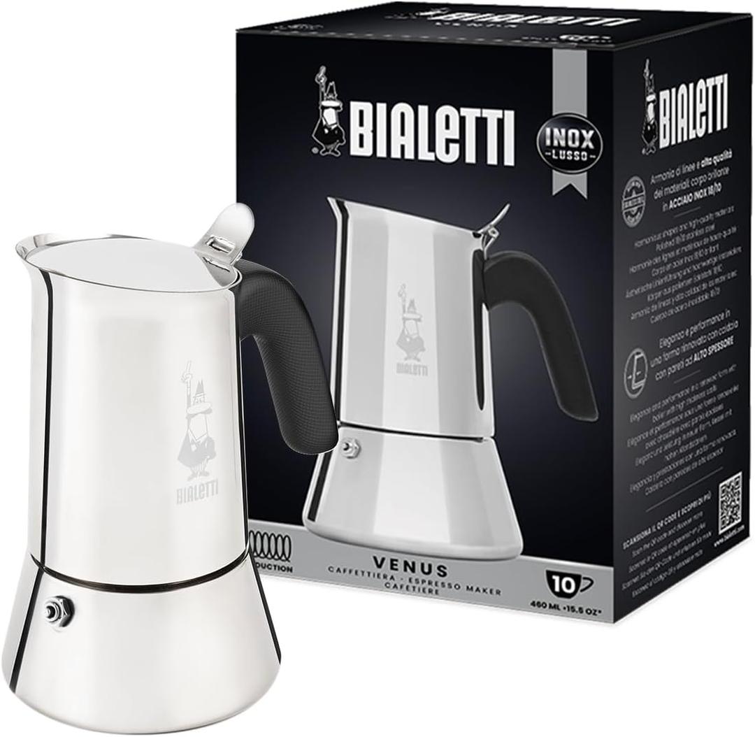 Bialetti  New Venus Induction, Stovetop Coffee Maker, Suitable for all Types of Hobs, Stainless Steel, 10 Cups (15.5 Oz), Silver