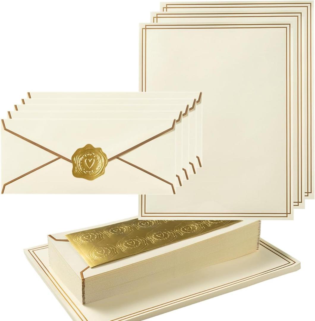 Topeen 50 Pack Stationery Set with Gold Border, #10 Business Envelopes and 8.5x11 Paper Sheets and Stickers for Writing Letters (Cream Color, 8.5x11 Inches)