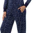 Nautica Pajamas for Women Set, Long Sleeve Henley Pajama Shirt & Pants, Warm Winter Fleece Sleepwear Lounge PJ Sets for Women (Blue, M)