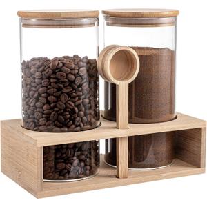 ANPHSIN 2Pcs 49oz Large Capacity Glass Coffee Containers - BPA Free Storage Jars with Hollow Shelf Lids and Spoon for Coffee Bean Bar Station Kitchen Gift (Burlywood)