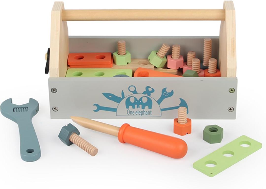 M MEEPO Wooden Toddler Tool with Box, Play Construction Toy Tool Bench with Basket