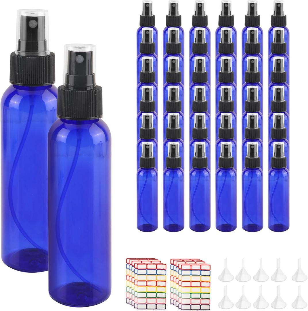 36 Pack Blue Small Spray Bottles 4 oz/120 ml Plastic Spray Bottles, Fine Mist Empty Small Travel Spray Bottle, Refillable Mini Sprayer Empty Bottle Bulk with 10 Funnels and 10 Labels