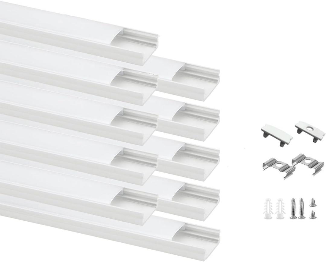 Besseto 10Pack 6.6Ft/2M White LED Aluminum Channel,LED Strip Light Diffuser Aluminum Channel Profile Housing Extrusion for Under Cabinet Counter and Stairs (White-10Pack 6.6ft)