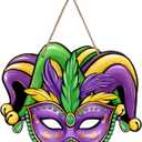 mardi gras Door Decorations, Jester Mask Front Door Sign, Jester Mask Wood mardi gras Door Hanger for Door Wall Hanging Decoration, Carnival Holiday Party Decor Supplies