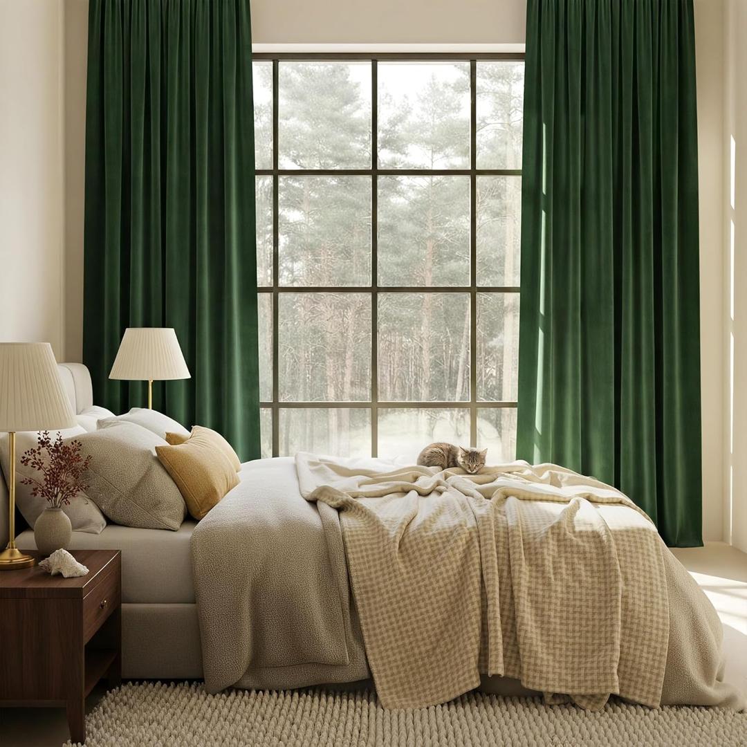 NICETOWN Room Darkening Olive Green Velvet Curtain Panels for Living Room, Vintage Home Decor Elegant Heavy Duty Drapes Window Treatment, Single Rod Pocket, W52 x L96, Set of 2