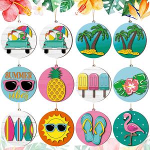 Vercraft 40 Pcs 3D Summer Ornaments for Tree Double Layer Hawaiian Summer Tree Decorations Wood Hanging Ornaments Beach Wooden Pendant Decorations with String and Holes for Luau Party Supplies
