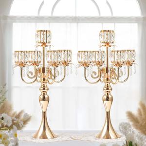 2Pcs Gold 5-Arm Crystal Pendant Metal Candle Holder with Square Crystal Bowl, 22-Inch Tall Wedding Table Centerpiece for Holiday Party Events, Christmas, Birthday Decorations