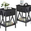 VECELO End Tables, Modern Nightstand with Drawer & Shelf, Night Stand for Bedroom Living Room, Industrial Metal Frame, Black